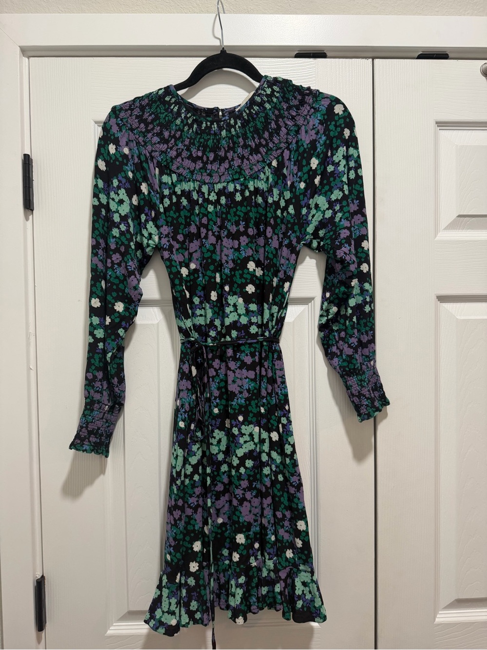 May LOFT Black Floral Smocked Long-Sleeve Dress with Green & Purple Print Small